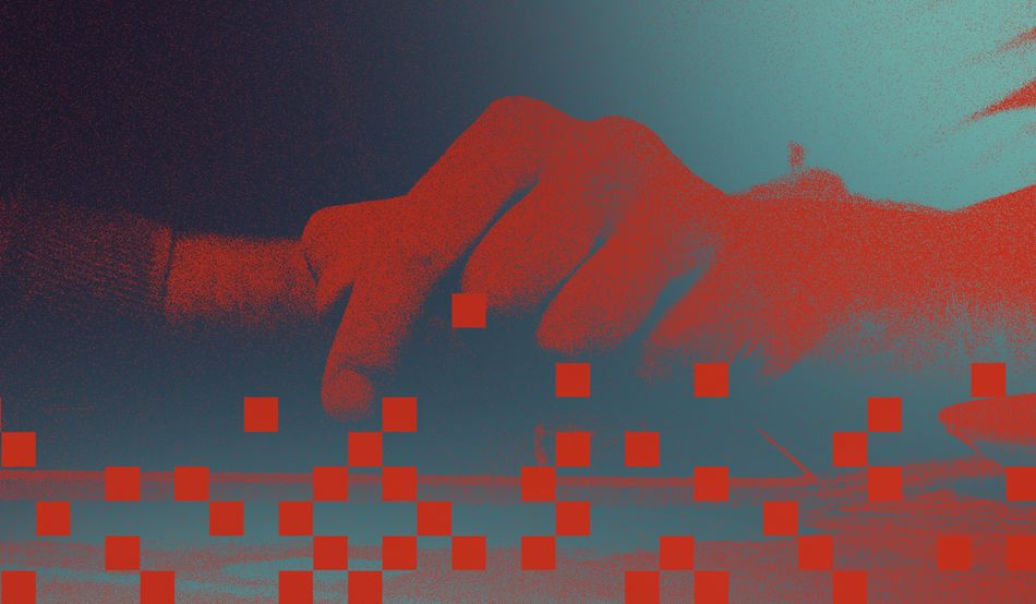An illustration of red hands, with a pixel effect, on a blue background. © Shutterstock /Illustration by Prospect