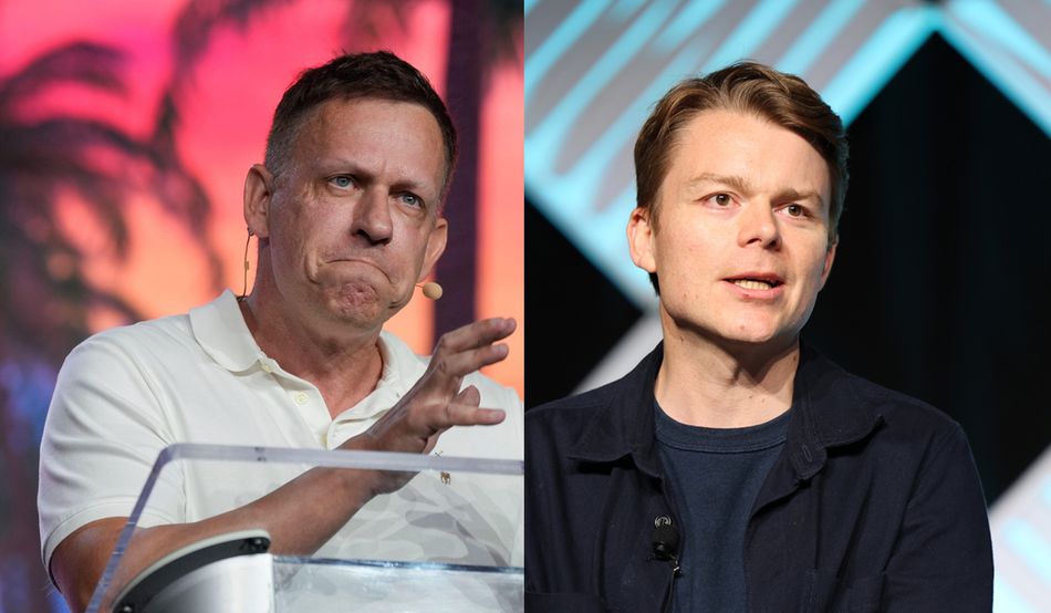 Peter Thiel (left) addresses a Bitcoin conference in Florida in 2022. Louis Mosley (right) on stage in Detroit in 2025 © Alamy/Tasos Katopodis/Getty Images