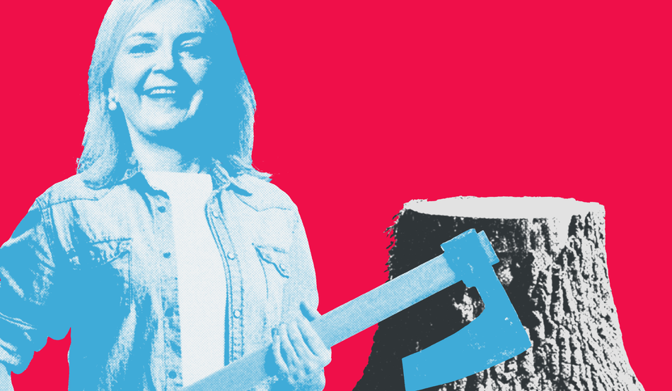 An illustration of Liz Truss wielding an axe. Illustration by David McAllister / Prospect. Sources: PA Images, LJS Photography