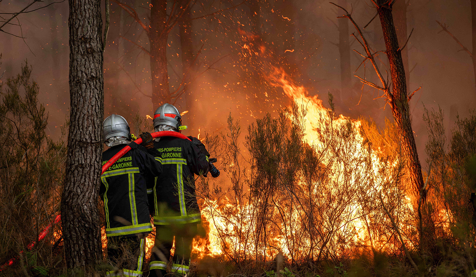 A wall of flames continues in the Gironde region of France in late July. Image: Zuma Press Wire / Alamy