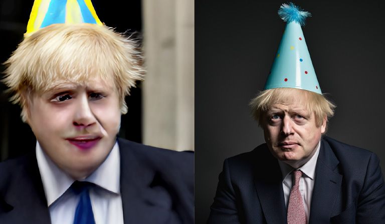 Gathering pace: AI-generated imagery using software from last year (DALL-E Mini, left) 
and today (Midjourney, right), in response to the prompt “Boris Johnson wearing a party hat” © Created by Prospect with DALL-E Mini and Midjourney