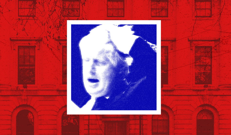 Boris Johnson, hand running through hair, in a blue square, set on a red image of the Royal mint building. Illustration by Prospect/Alamy