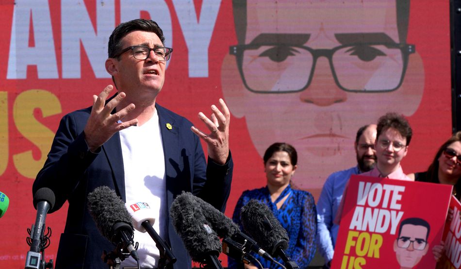 Andy Burnham at the launch of his campaign for the Makerfield byelection. Image: AP/Alamy