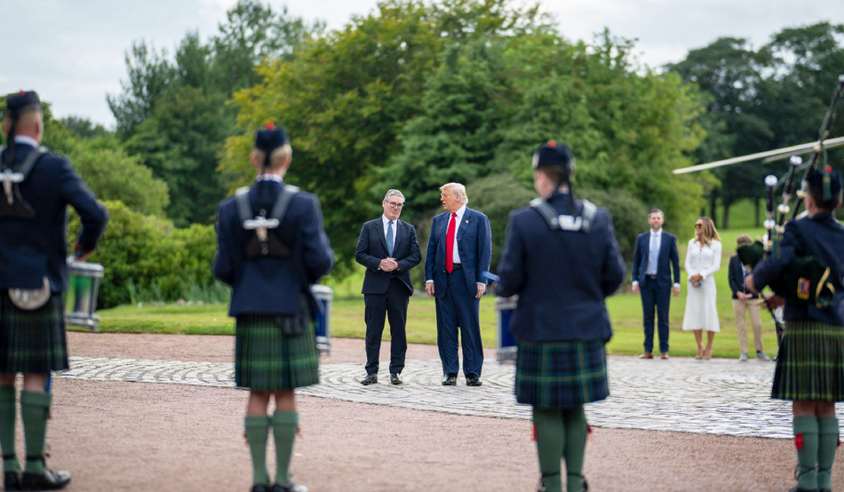 Donald Trump poses for a photo with Keir Starmer at Trump International Scotland in Aberdeen in July. Image:  Official White House photo by Daniel Torok / Alamy
