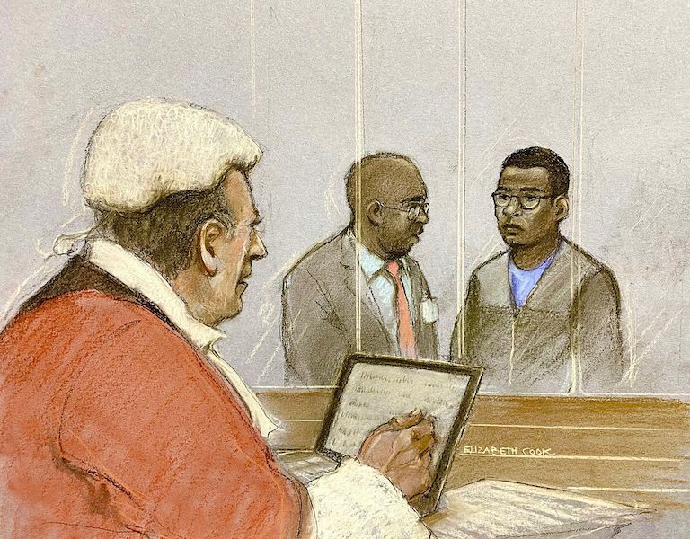 A court sketch of Bah’s trial in Canterbury Crown Court. Image: Alamy