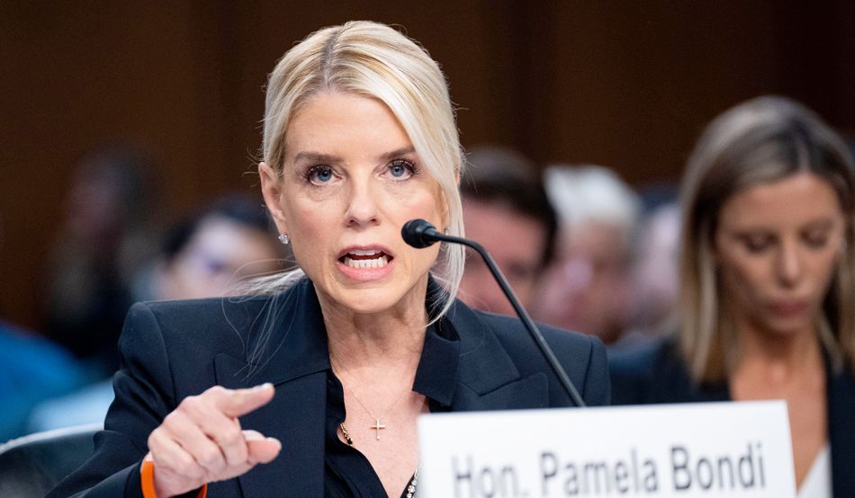 The US attorney general Pam Bondi testifies before the US Senate, 7th October 2025. Image by Associated Press / Alamy