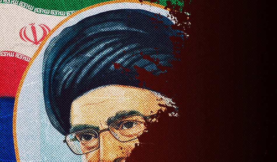 An illustration of Ayatollah Khamenei’s face on an Iran flag that is half eroded away. Illustration by David McAllister / Prospect. Source: Westend61 GmbH / Alamy