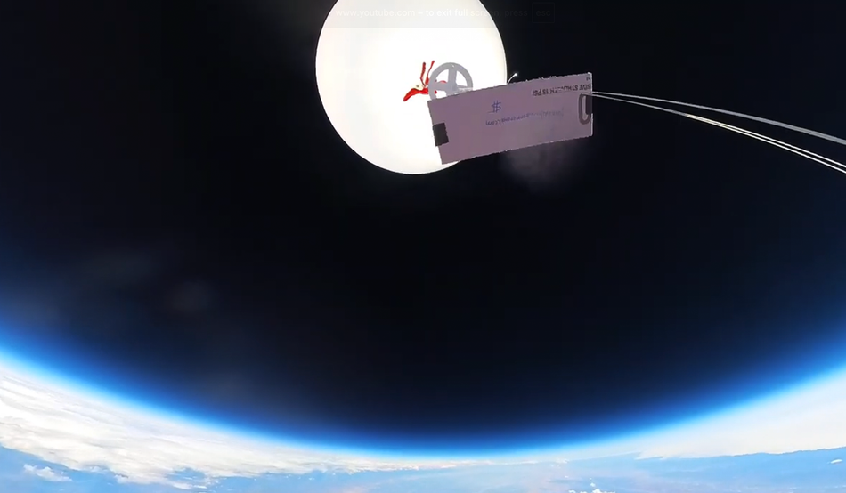 High above northern California, a balloon dispatched by Make Sunsets, a company making reflective clouds, is about to burst. Image: Make Sunset / YouTube