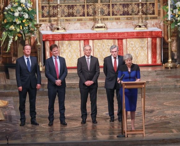 Lasting influence: Prime minister of the day Theresa May, her three predecessors, David Cameron, Gordon Brown and Tony Blair, as well as ex-deputy prime minister Nick Clegg, pay tribute to Heywood at his memorial service in 2019. Image: Shutterstock