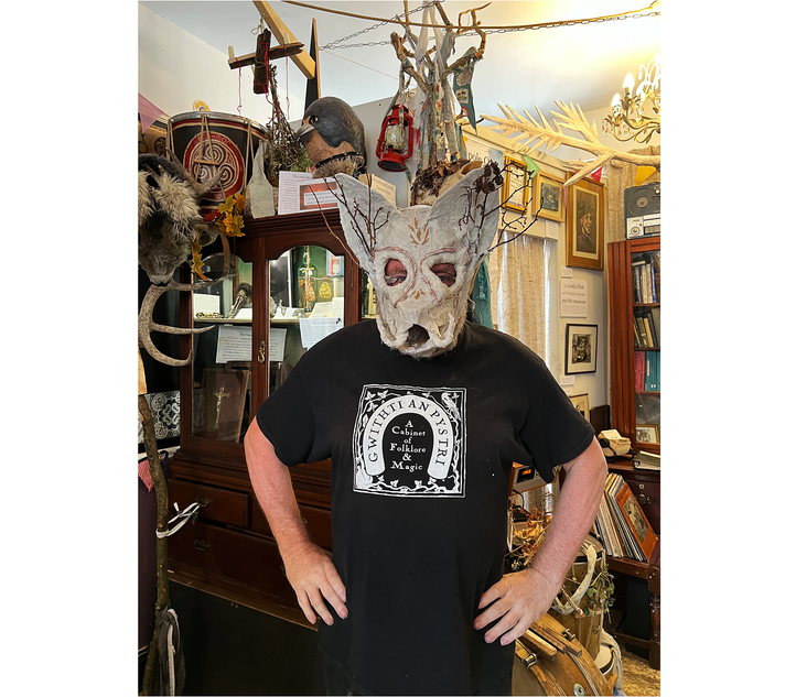 “He immediately sticks on a pig’s head mask”: Steve Patterson in his museum. Image: David Barnett