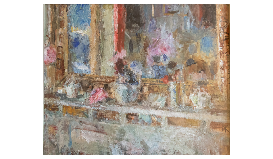 “Still Life of a Mantelpiece and Mirror with Roses in a Jug” (2014–2020) by Edmund Fairfax-Lucy. Image: Charlecote Park © National Trust / Jana Eastwood