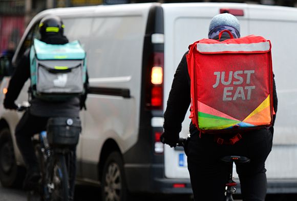 Just Eat and Deliveroo courriers seen in Dublin city center during Level 5 Covid-19 lockdown.  On Saturday, 16 January, 2021, in Dublin, Ireland. (Photo by Artur Widak/NurPhoto via Getty Images)