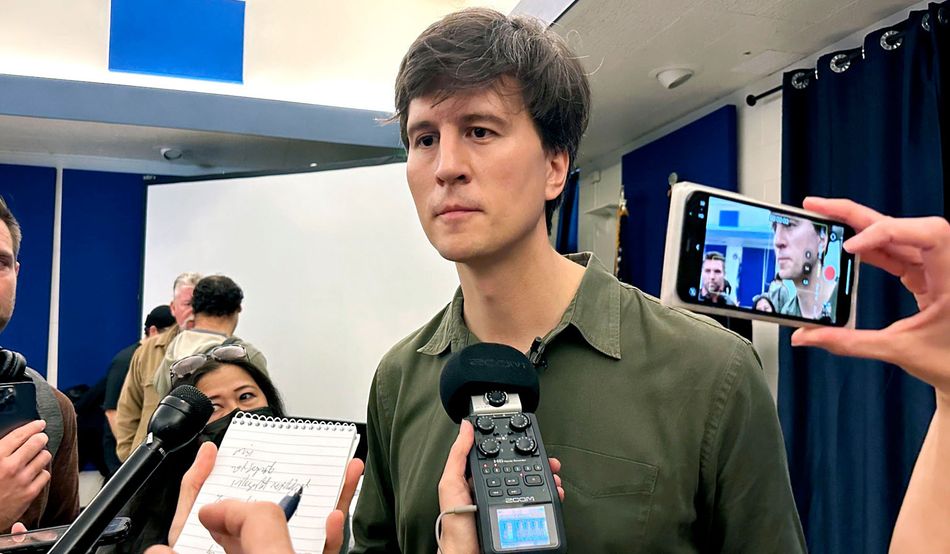 Founder and CEO of California Forever Jan Sramek talking to reporters after a news conference about the proposed new city. Image: Associated Press / Alamy Stock Photo