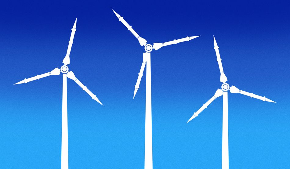 Three wind turbines, the rotor blades like weapons. Image: Prospect