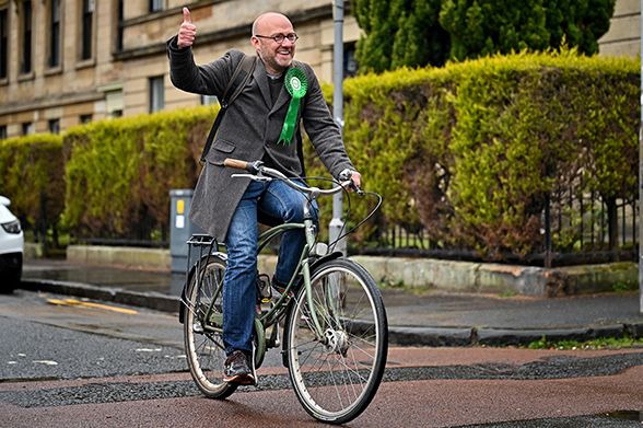 GLASGOW, SCOTLAND - MAY 06: Scottish Greens Party co convener, Patrick Harvie, arrives at a polling station at Notre Damme Primary School on May 6, 2021 in Glasgow, Scotland. Voting has begun in the Scottish Parliament election, with polling stations open