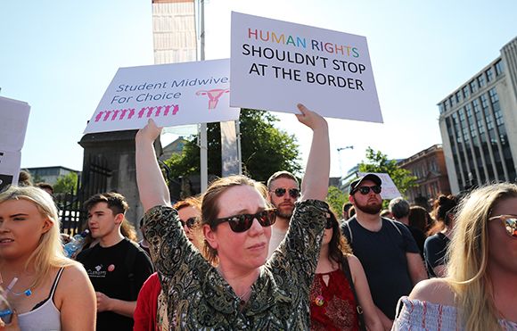 People attend a People Before Profit protest calling of for provision of Abortion in Northern Ireland. Photo: PA