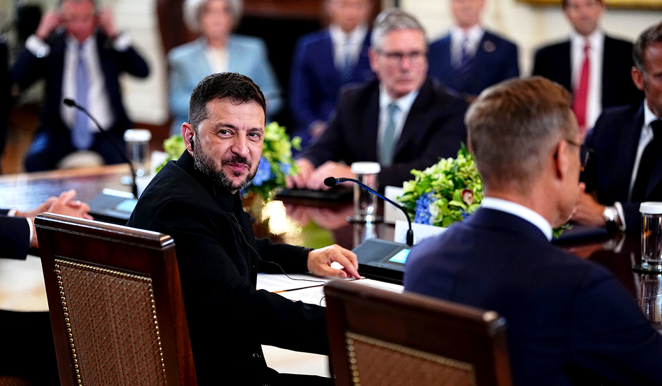 Volodymyr Zelensky, Ukrainian president, with European leaders in the White House on 18th August 2025. Credit: PA Images
