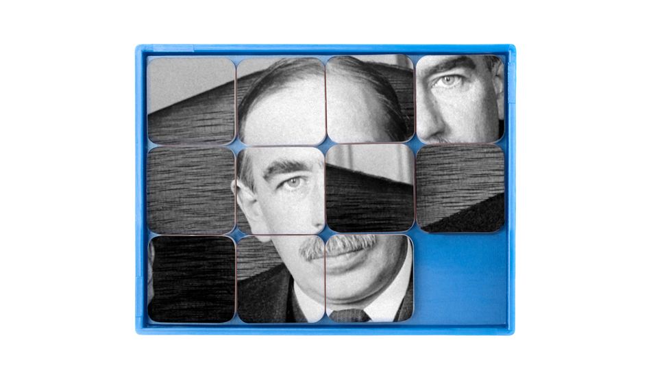 A photograph of the face of John Maynard Keynes, as if on a games of blocks, with the blocks moved out of order