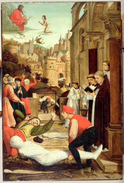 WLT204689 St. Sebastian Interceding for the Plague Stricken, 1497-99 (oil on panel) by Lieferinxe, Josse (Master of St. Sebastian) (fl.1493-1508); 81.8x55.4 cm; Walters Art Museum, Baltimore, USA; French,  out of copyright.