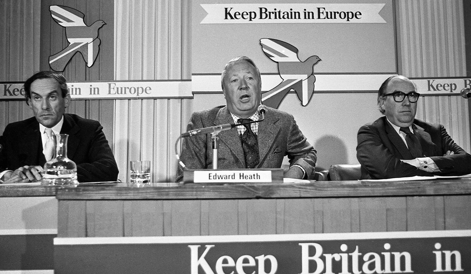 Former Conservative leader Edward Heath with Jeremy Thorpe, leader of the Liberal party, left, and Roy Jenkins, Labour’s home secretary, at a press conference in 1975, the year Britain voted in a referendum to join what was then called the European Economic Community. Image: AP/Alamy