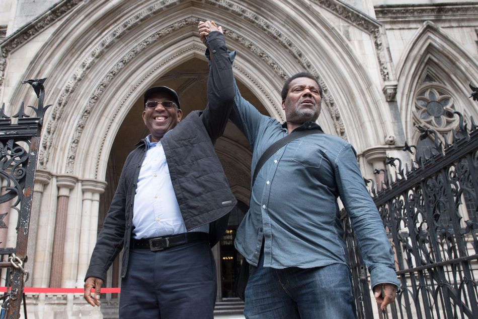 Free at last: Paul Green (left) and Cleveland Davidson celebrate after having their convictions overturned at the Court of Appeal. Image: PA Images / Alamy Stock Photo
