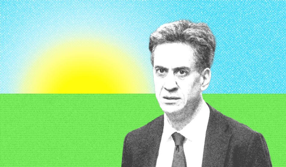 An illustration showing Ed Miliband (pencil sketch) in front of a sunrise. Illustration by David McAllister / Prospect. Source: Wiktor Szymanowicz / ZUMA Press Wire