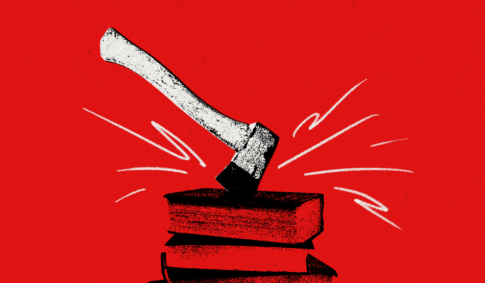 An illustration of an axe, shown mostly in white, stuck into the top of a stack of books. Illustration by David McAllister. Sources: Edd Westmacott / Paul Paladin