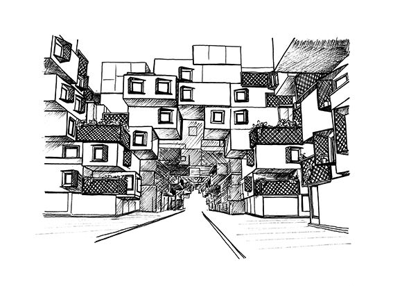 Marwa al-Sabouni's lans for "Tree units" holding hands over a Syrian street . Illustration: Marwa al-Sabouni
