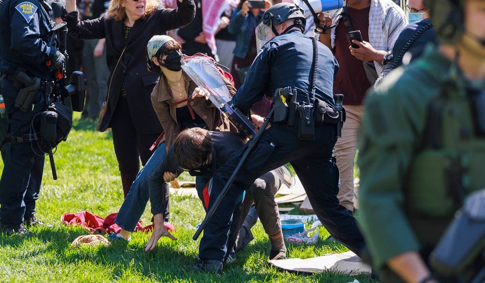 At Indiana University, the state police’s riot squad arrested dozens of people—including professors—who were then banned from campus for a year. Image: Jeremy Hogan-SOPA Images-LightRocket via Getty Images