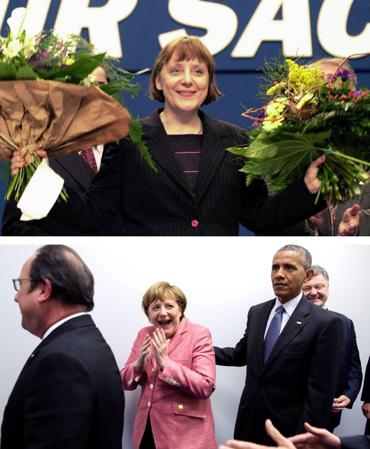 Top, Merkel at a CDU event for European elections in 1994. Bottom, as chancellor, with Barack Obama, in Warsaw in 2016. Images: dpa Picture Alliance & Pictorial Press Ltd / Alamy