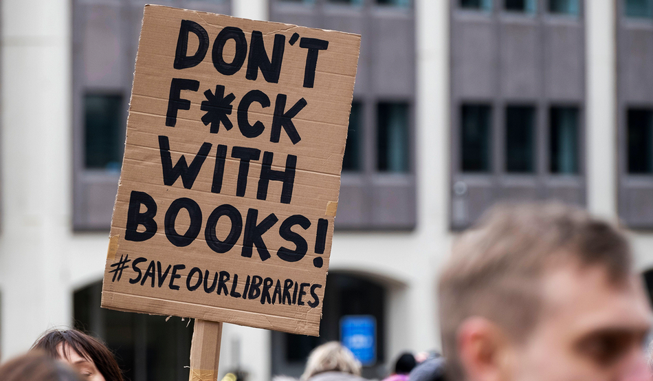 Hands off: At a Stand Up for Public Services demo against Birmingham council cuts, protestors call for libraries to be protected. Image: Michael Kemp / Alamy Stock Photo