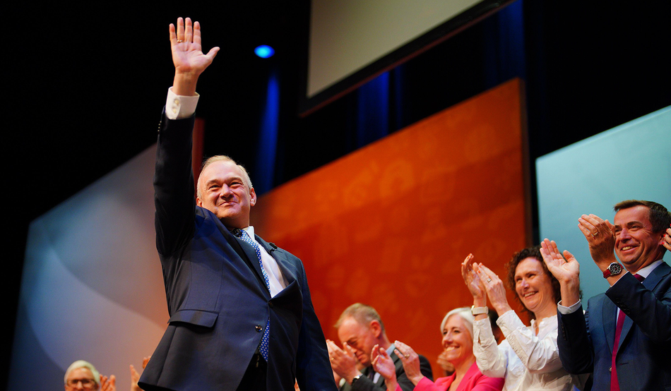 Lib Dem leader Ed Davey delivers his speech at the party's conference this week. Image: PA Images / Alamy