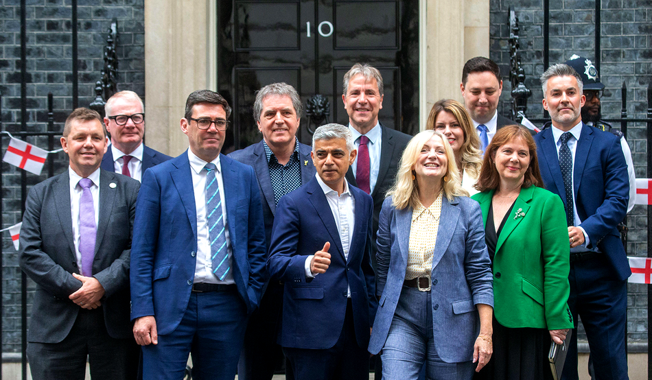 England’s metro mayors, including Andy Burnham and Tracy Brabin, outside 10 Downing Street after the 2024 general election. Image: Zuma Press Inc / Alamy