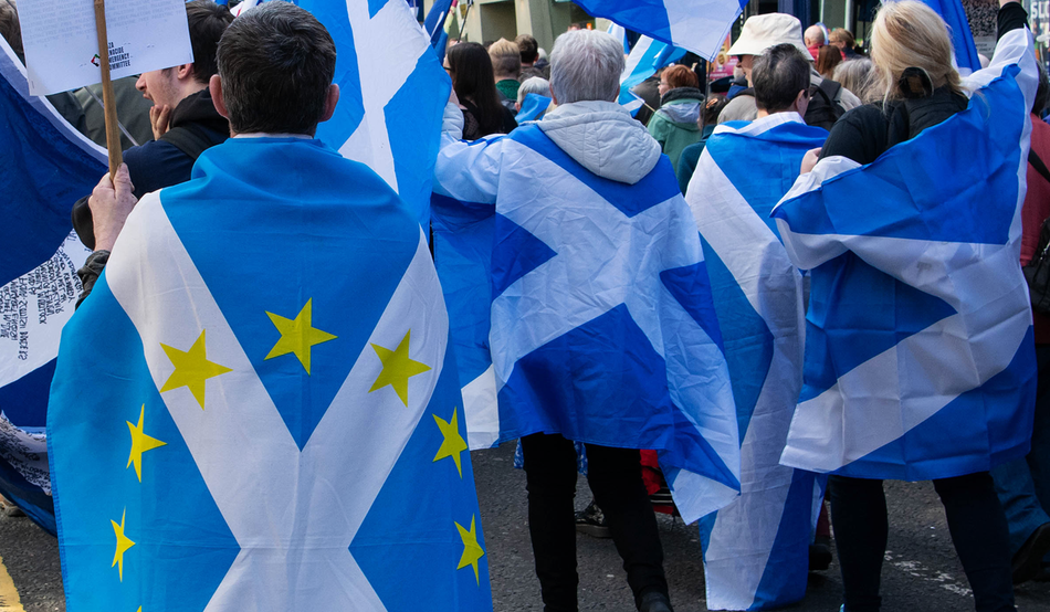 Stars and saltires: nationalists demonstrate in Glasgow, in support of independence—and Palestine. Image: Duncan Bryceland / Shutterstock