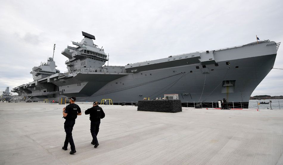 HMS Queen Elizabeth, moored at Portsmouth Naval Base, in August 2017
