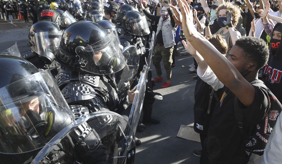 In 2020, demonstrators against the killing of George Floyd were faced down in Washington DC by secret service police in riot gear. Photo © Shutterstock