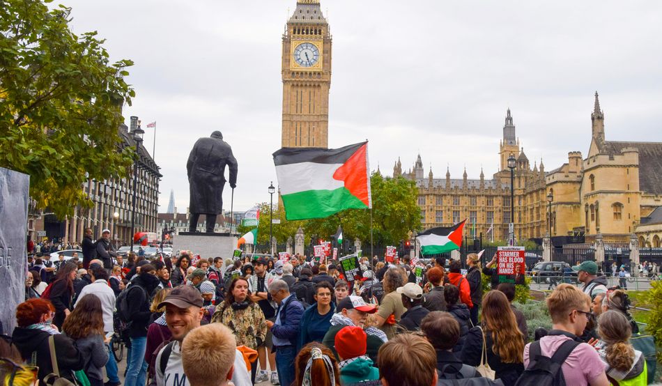Protesters in Parliament Square, 2 October 2025. Photo by Vuk Valcic / Alamy