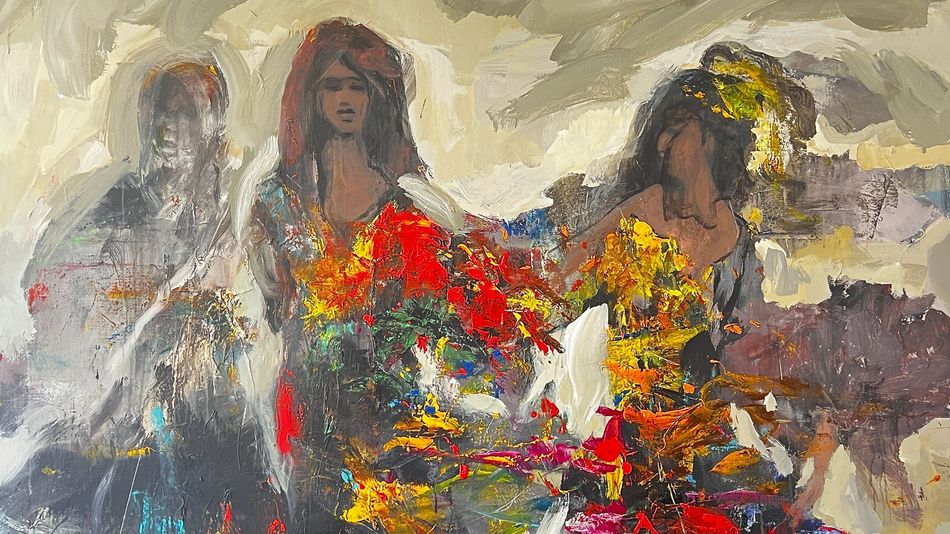 Khaled Alkhani’s oil paintings feature shadowy figures, their eyes often obscured. Image: Khaled Alkhani