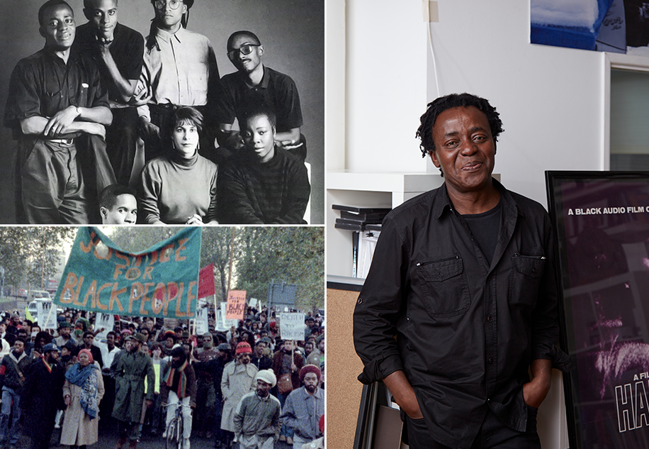 Clockwise, from top left: Black Audio Film Collective, with Akomfrah top left; Akomfrah in his studio today; a still from “Handsworth Songs” (1986). Image: Courtesy Smoking Dogs Films and Lisson Gallery / BFI