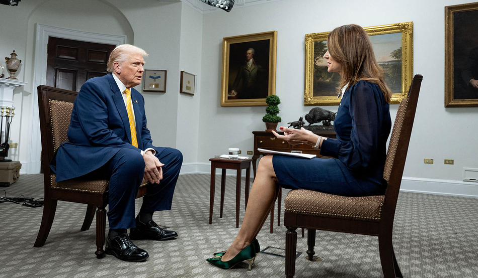 President Donald Trump speaks with Bev Turner during a GB News interview at the White House, 14th November 2025. Image by the White House / Alamy