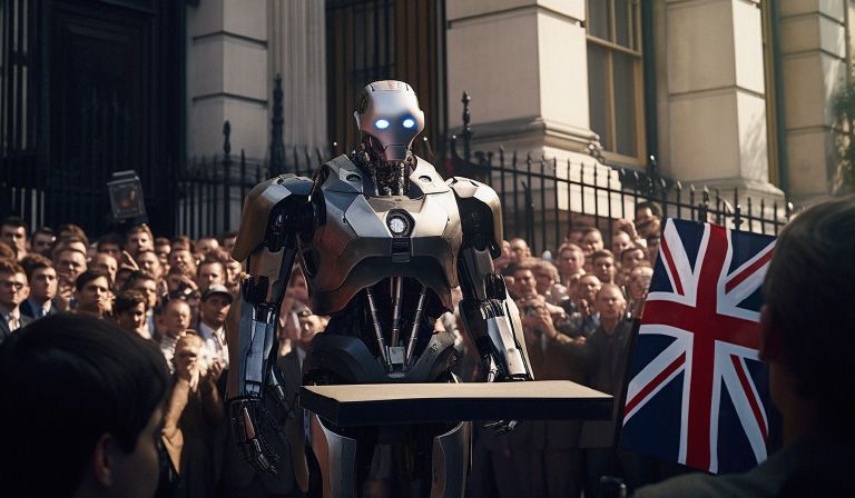 The future is bright: image generated by Midjourney in response to the prompt “A photograph of Britain’s future robot prime minister giving their first speech outside Number 10 Downing Street” © Created by Prospect with Midjourney