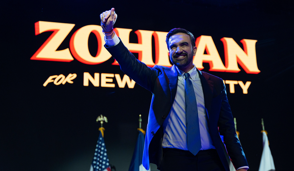 Zohran Mamdani gives his acceptance speech in Brooklyn after winning the New York mayoralty. Image: Sipa US/Alamy