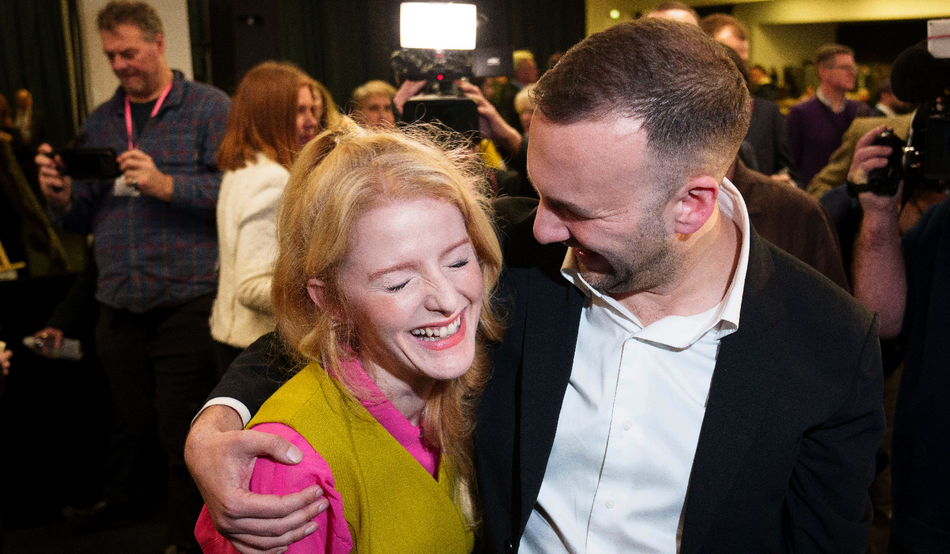 The Greens Party candidate Hannah Spencer, left, stands with party leader Zack Polanski after winning the Gorton and Denton by-election. Photo by Associated Press / Alamy