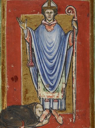 I wanna be adored: a monk kisses the feet of St Cuthbert in a scene from Bede’s “Life of St Cuthbert”