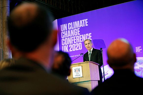 2CKWTTP Mark Carney, Governor of the Bank of England, makes a keynote address to launch the private finance agenda for the 2020 United Nations Climate Change Conference (COP26) at Guildhall in London, Britain February 27, 2020.  Tolga Akmen/Pool via REUTE