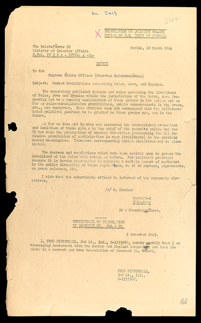 Heinrich Himmler, ‘Posted Prohibitions Concerning Poles, Jews, and Gypsies’ 10 March 1944, translation from the Nuremburg War Crimes trials. Photo: Wiener Holocaust Library Collections