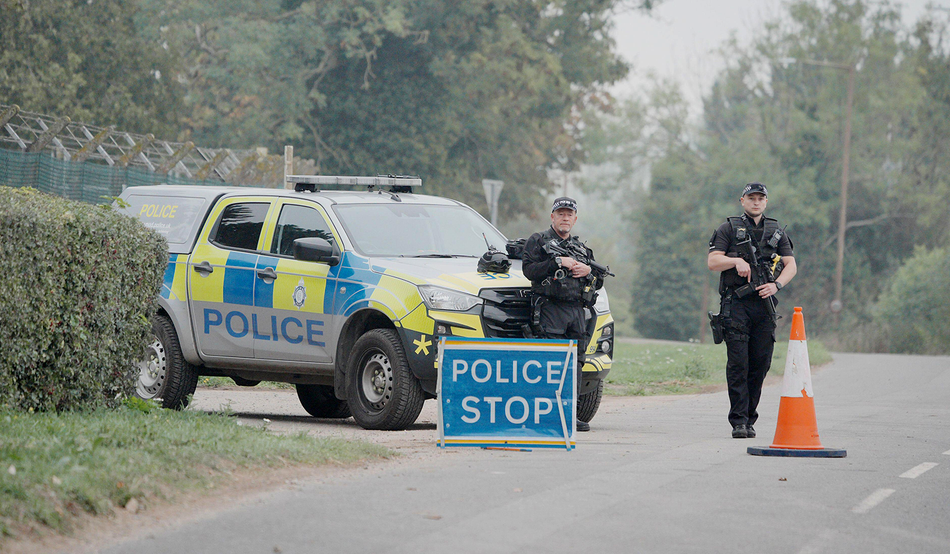 Police at a checkpoint near RAF Fairford,  Gloucestershire on 29th September. Image: PA Images / Alamy