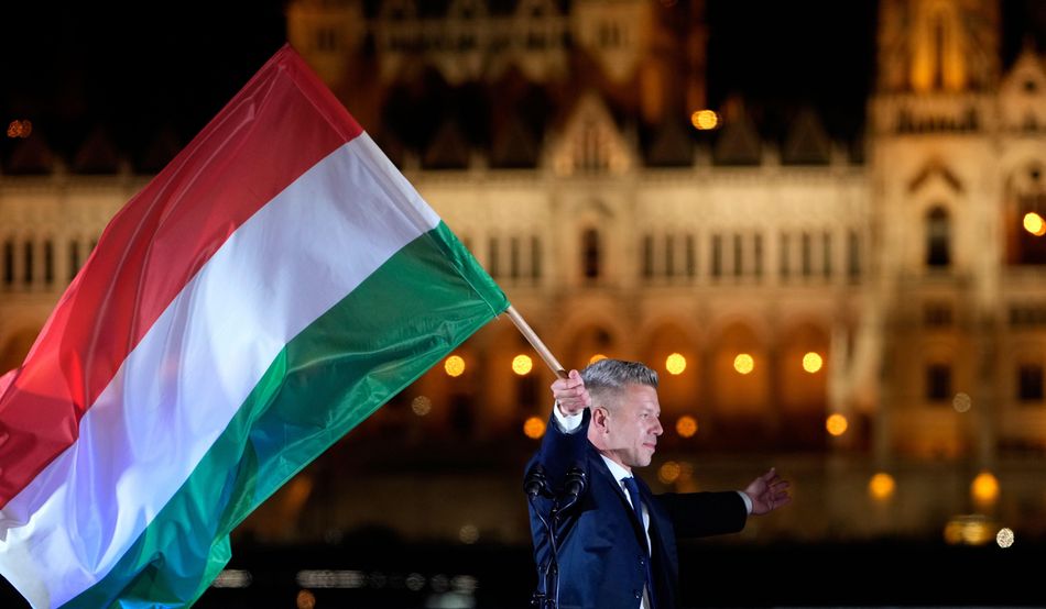 Hungary’s new prime minister, Péter Magyar, after defeating Viktor Orbán. Image: Alamy