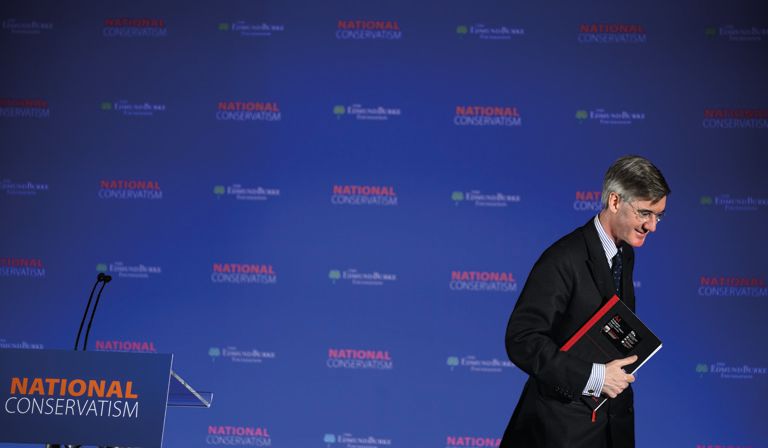Sinister or comic? Jacob Rees-Mogg was one of several senior Tory party figures to attend May’s NatCon conference. Photo: Leon Neal/Getty Images