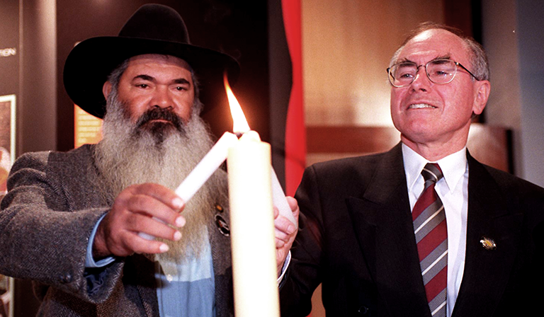 Senator Patrick Dodson marks Reconciliation Week with then prime minister John Howard in 1996. Image: Mike Bowers / The Sydney Morning Herald / Fairfax Media via Getty Images